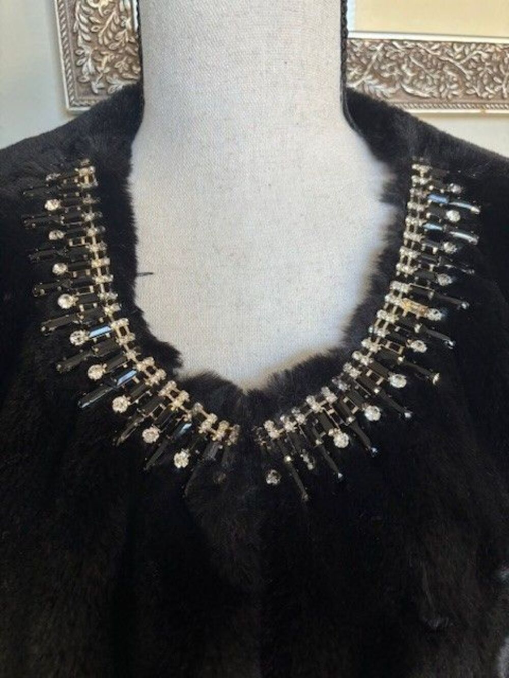 Haani Black Fur Jacket Elegant 100% Polyester with jeweled neck line *** - Picture 2 of 5